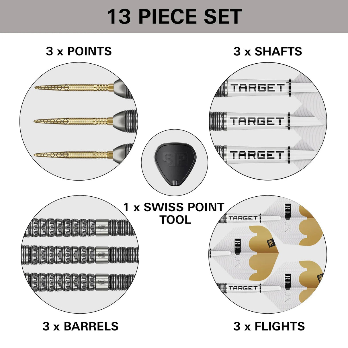 Top-down set layout of 90% tungsten dart kit with close-up on points, barrels, shafts, flights, and Swiss Point tool