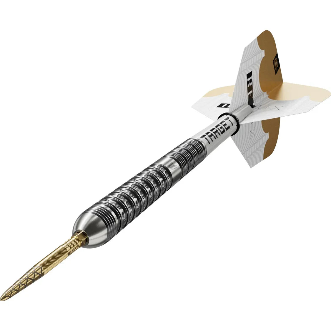 Angled view of tungsten dart showing precision grip rings, gold laser-etched tip, and white flight on plain white background