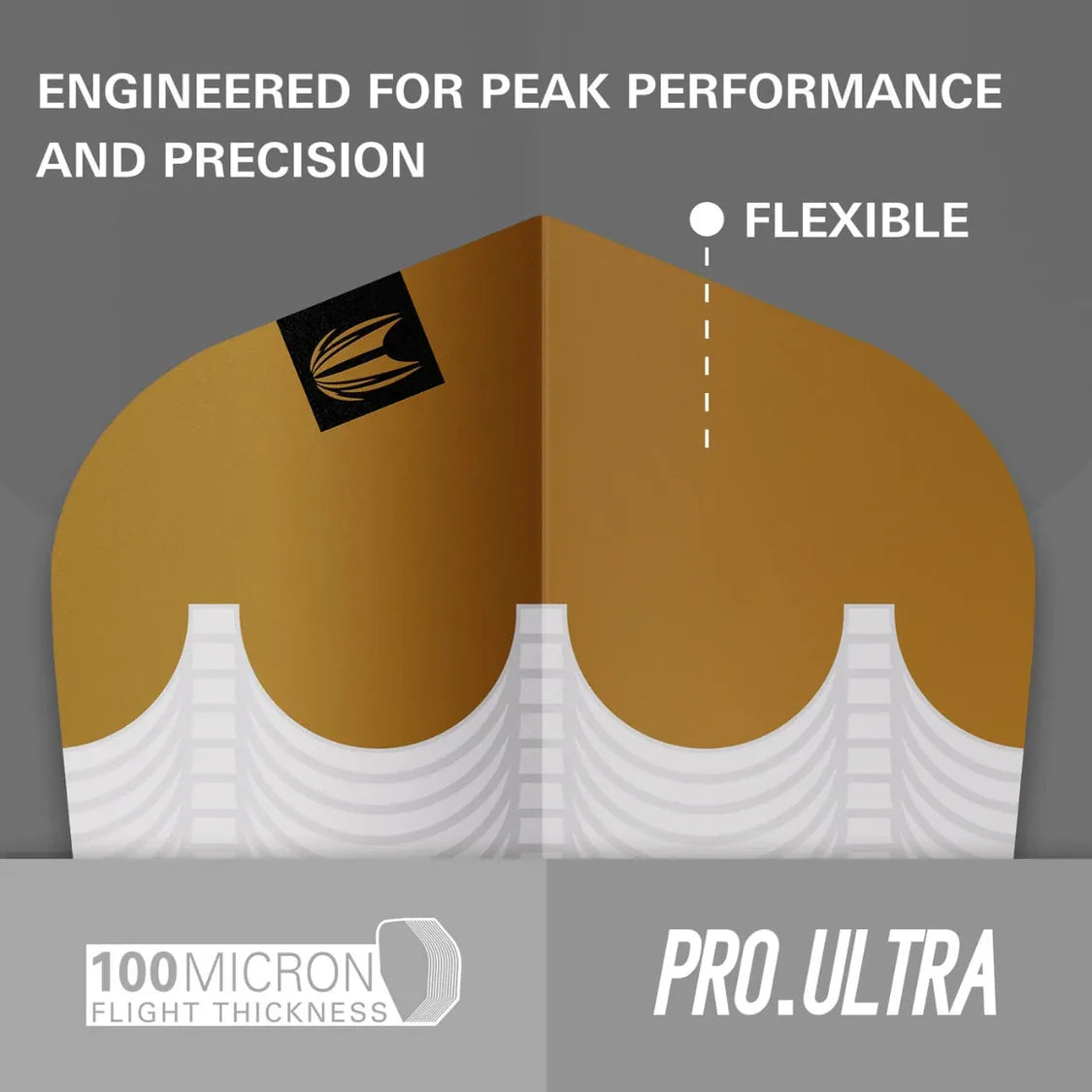Close-up of Pro Ultra gold dart flight showing flexible design and 100 micron thickness, ideal for precision dart setup