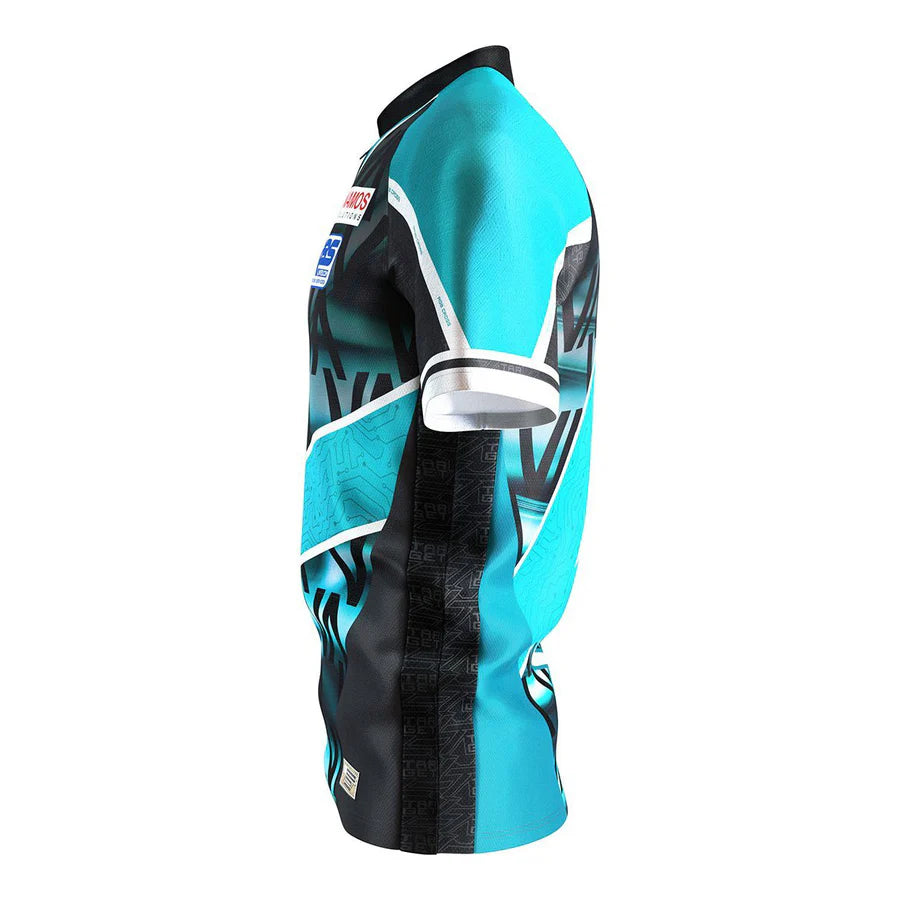 Side view of Rob Cross 2025 darts shirt with turquoise and black graphics, isolated on white, emphasizing sleeve style and shirt details