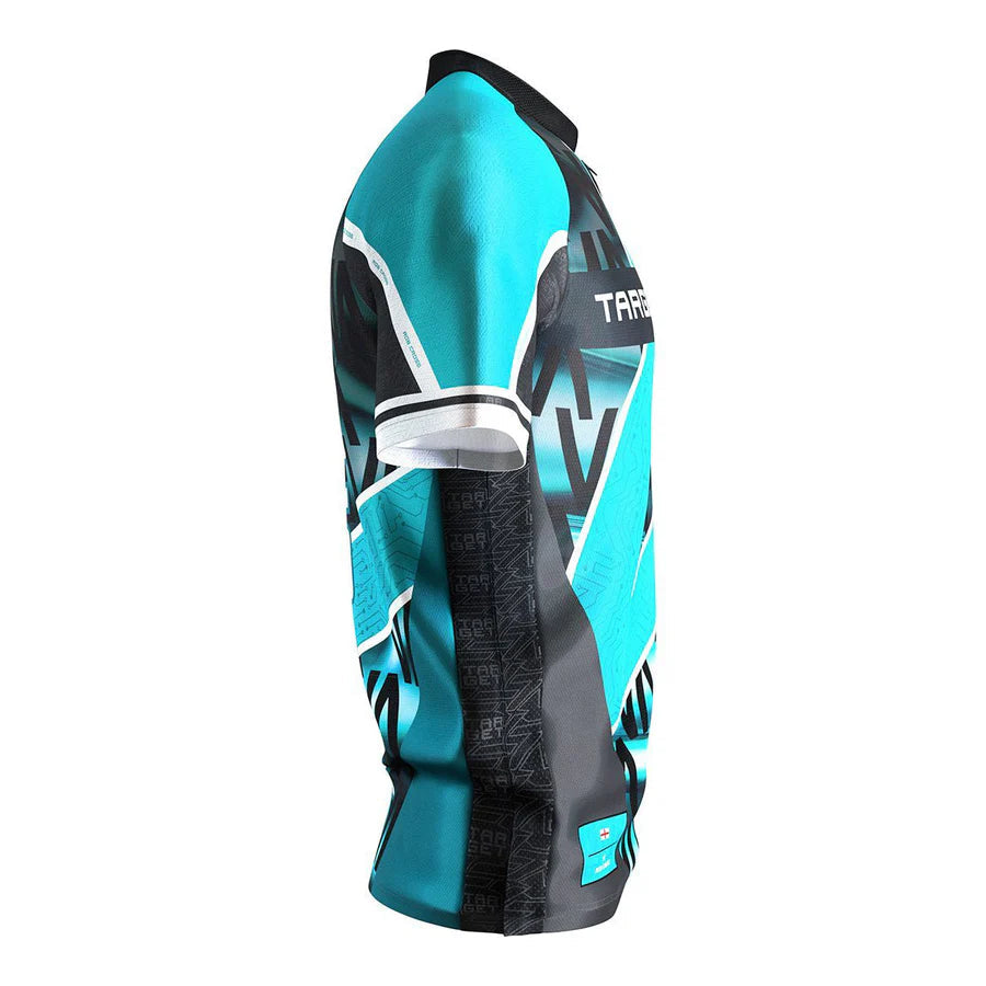 Side view darts shirt with turquoise, black, and white design, short sleeve, isolated on white background, showcasing fit and pattern