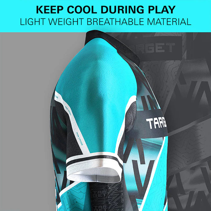 Angled close-up of Rob Cross 2025 darts shirt showing lightweight breathable fabric and vibrant blue-black pattern