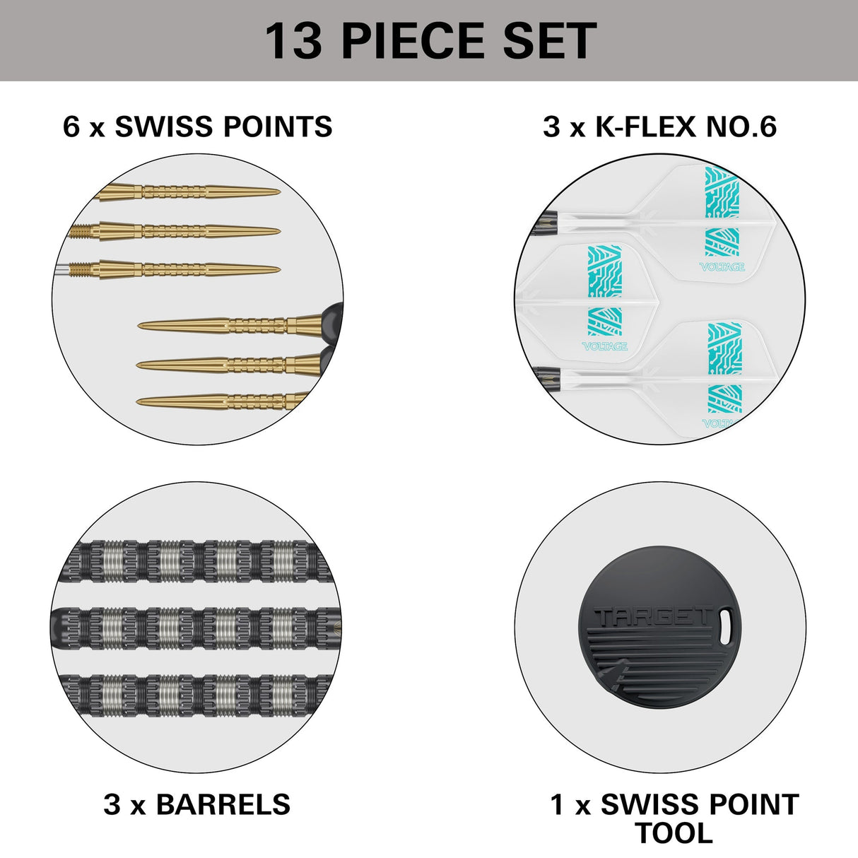 Dart set components displayed on white background: close-up Swiss points, textured barrels, K-Flex flights, and Swiss Point tool.