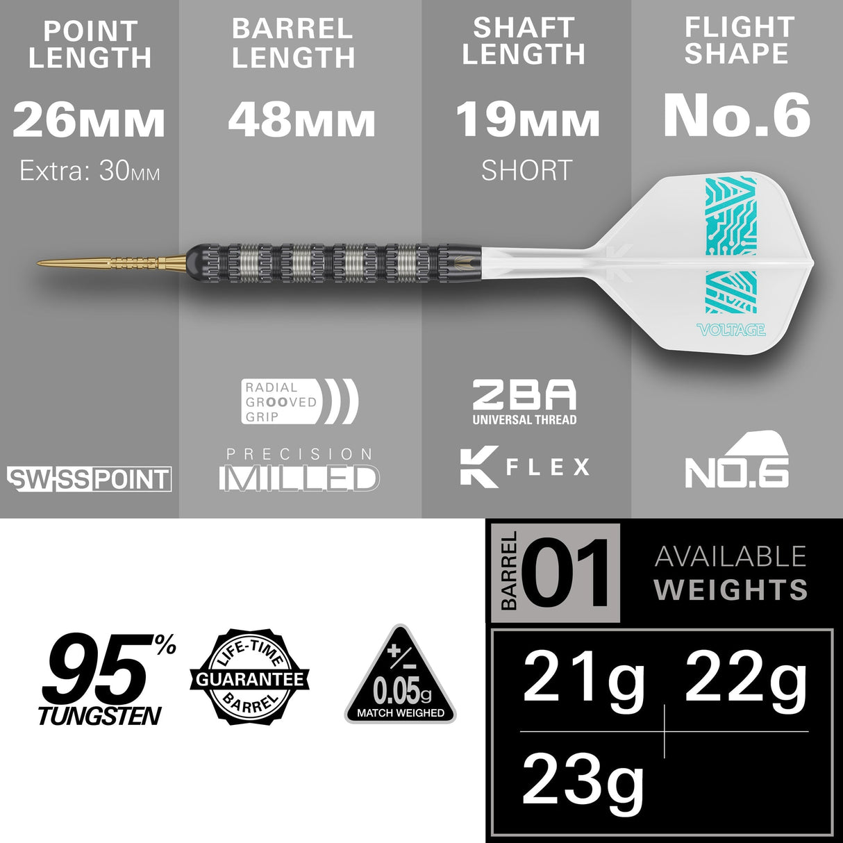 Side view of Rob Cross 95K 95% tungsten dart with detailed specs, precision milled barrel, radial grooved grip, Swiss point, No.6 flight