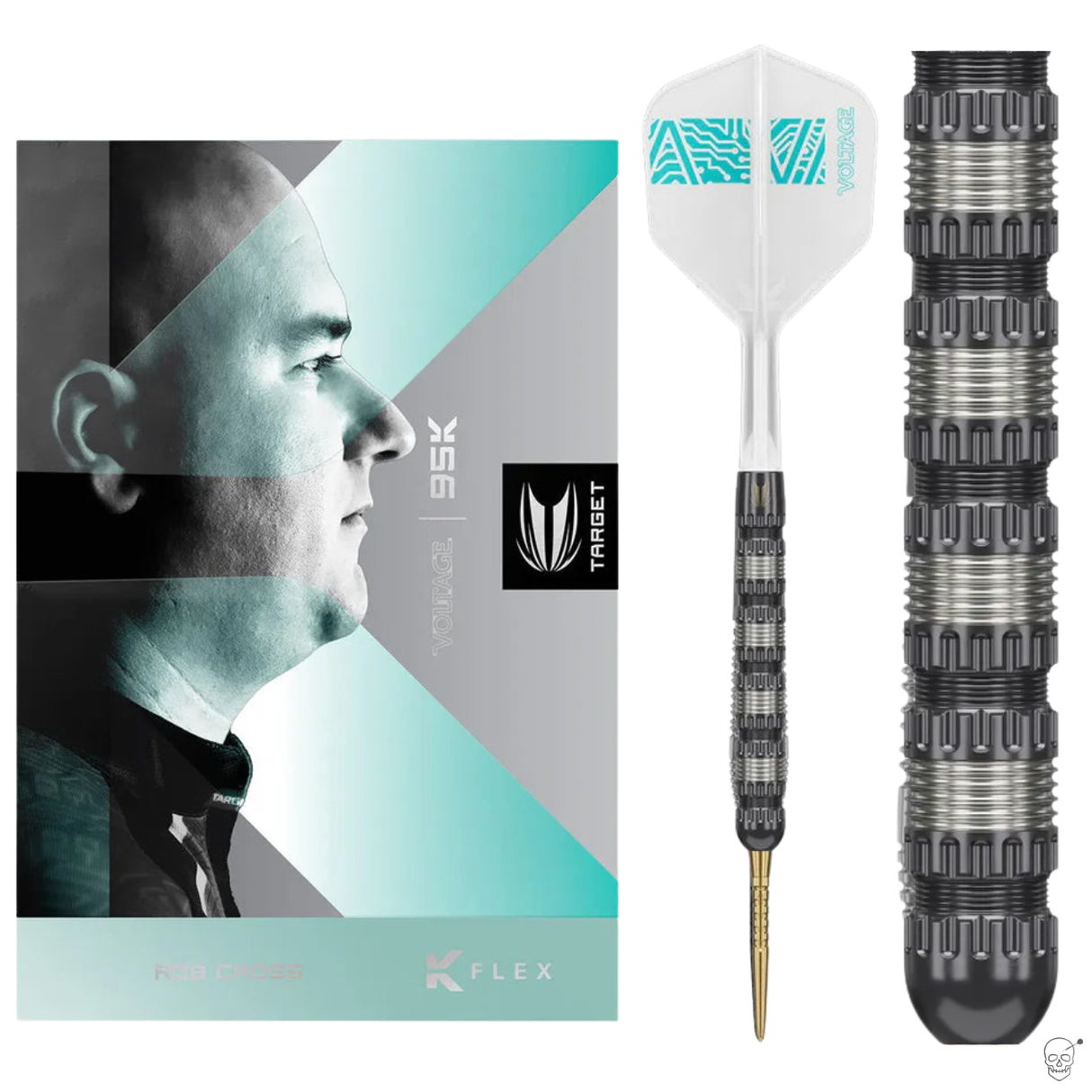 Tungsten darts set with box packaging, full dart with flight, and macro grip barrel close-up on white background