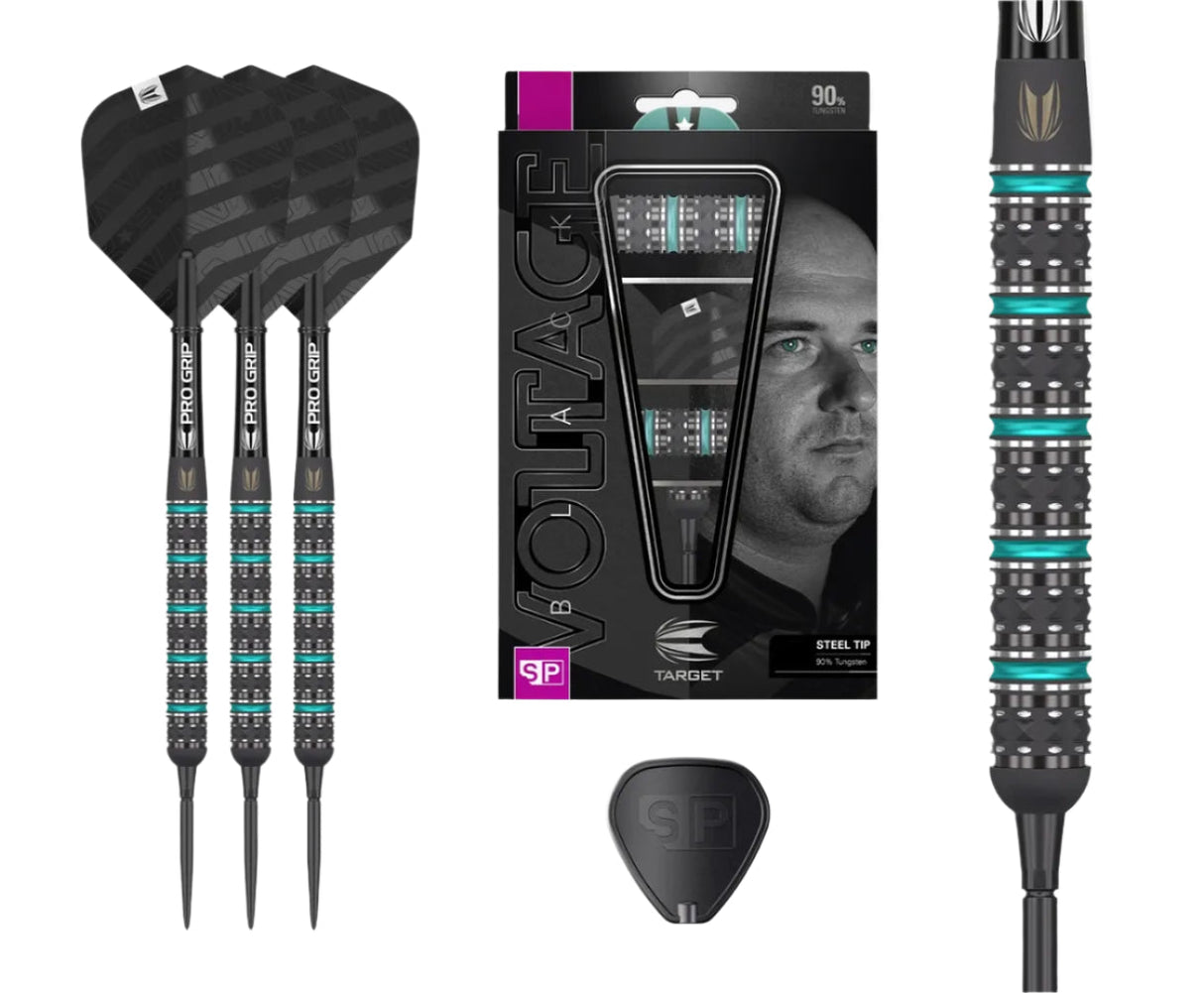 Full view of 90% tungsten steel tip darts set with retail packaging, close-up grip detail, SP point protector, and knurled barrel design