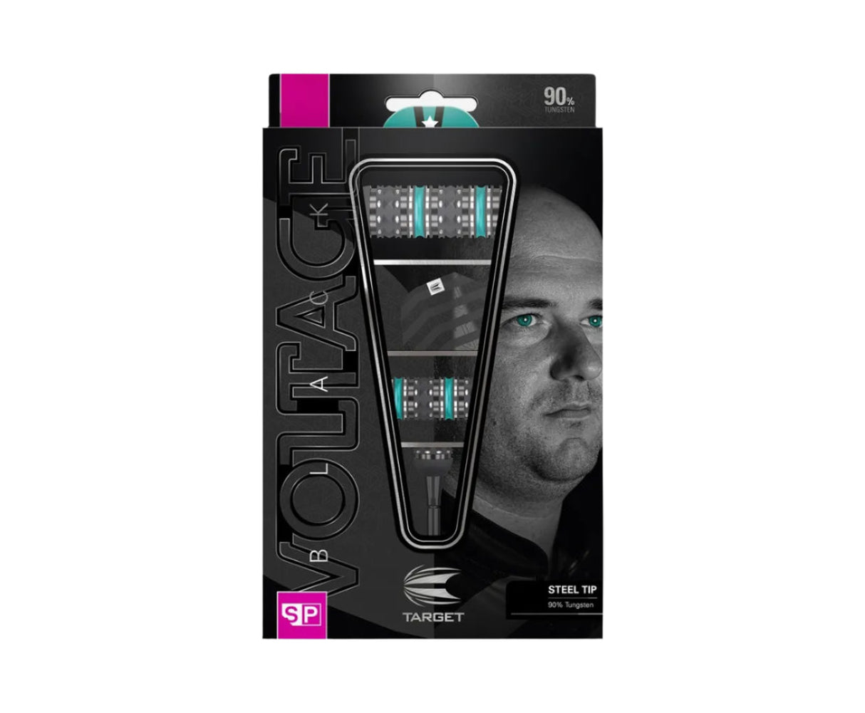 Steel tip 90% tungsten darts set in retail packaging, showing three barrels with precision grip and black finish for professional dart players