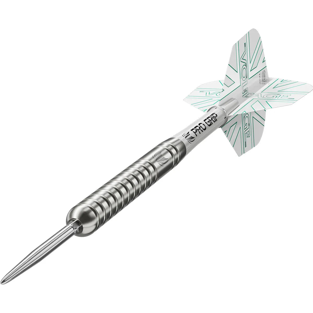 Angled view of Rob Cross G1 tungsten dart with steel tip, ringed grip barrel, Pro Grip shaft, voltage flight, isolated on white