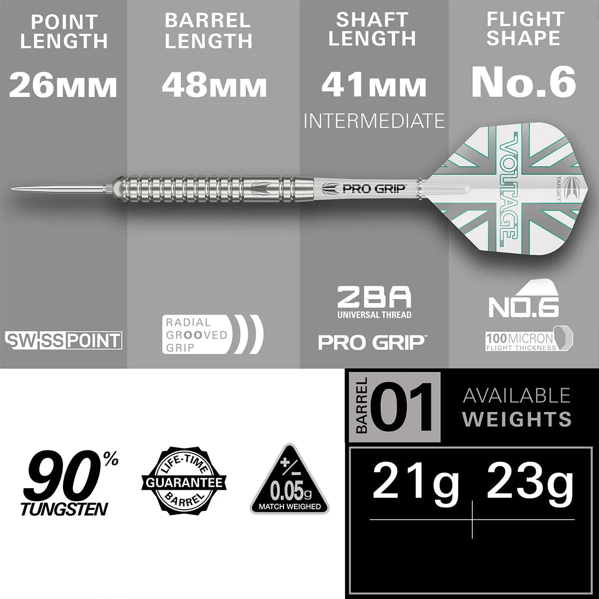 Steel tip dart full side view isolated on white, showing barrel grip details, flight shape, lengths, 90% tungsten, and weight options 21g 23g