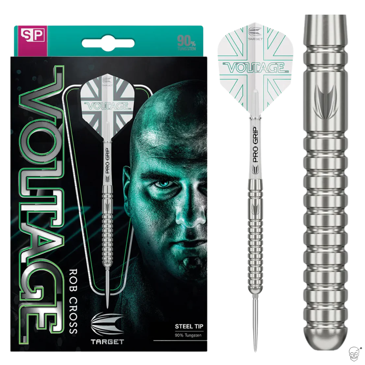 Steel tip tungsten dart in retail packaging with close-up of precision milled barrel grip and pro grip shaft, ideal for dart players