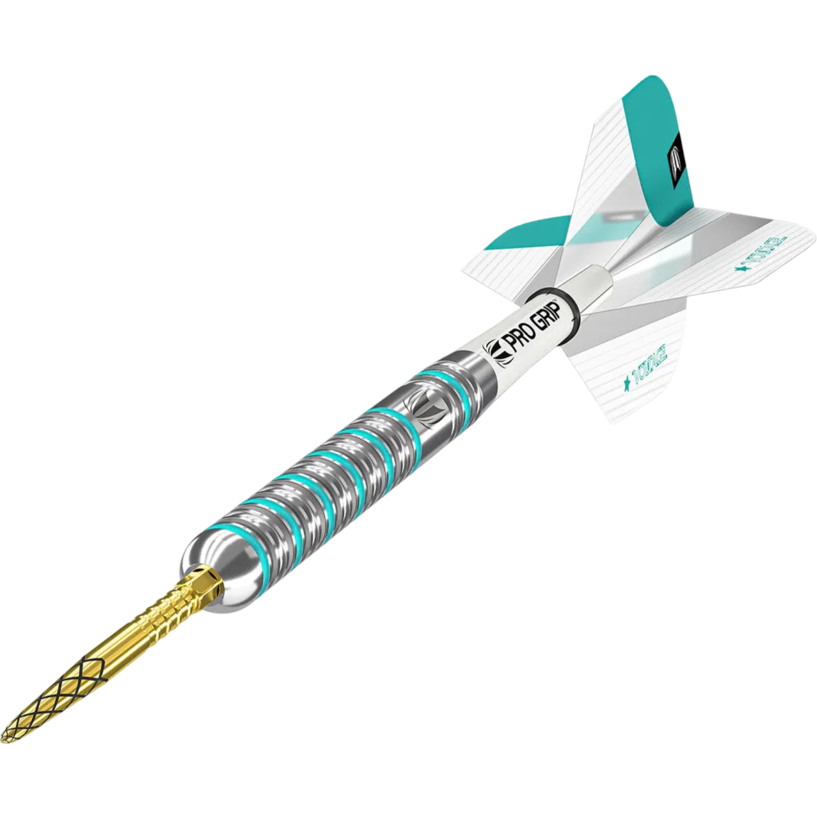 Angled view of 90% tungsten dart with ringed grip barrel, gold grooved tip, aqua-white flights, and Pro Grip shaft on white background