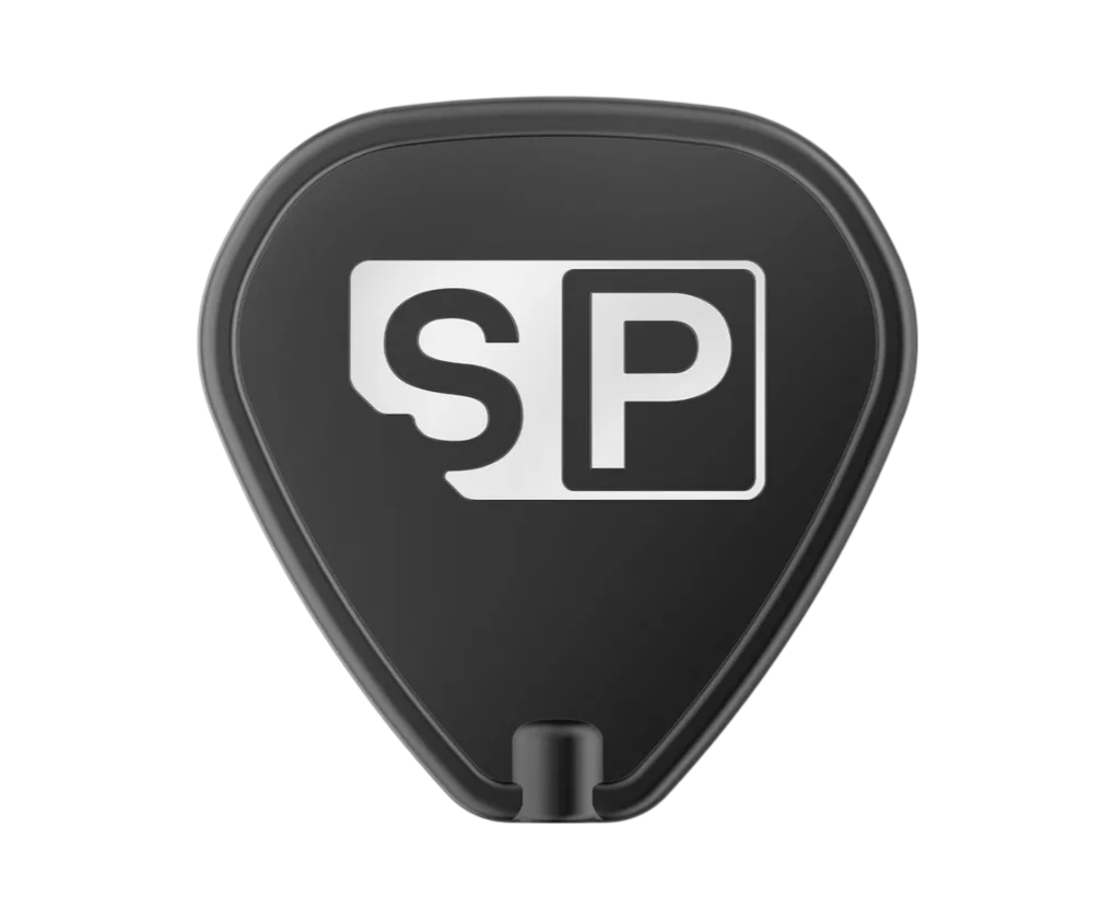 Black dart flight top-down view isolated on white, SP logo centered, standard shape for tungsten darts
