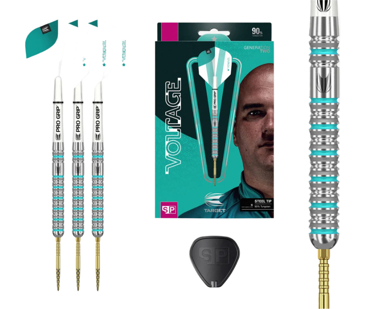 Steel tip tungsten darts set with grip detail, retail packaging, flights, spare point tool, isolated on white background