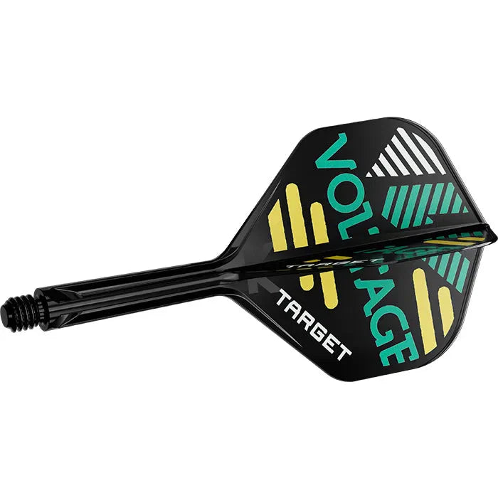Angled close-up of Rob Cross K-Flex No.2 dart flight and shaft showing Voltage graphics and integrated stem, isolated on white