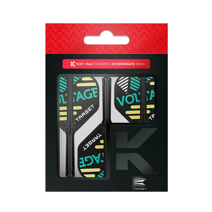 No.2 standard dart flights and 26mm intermediate shafts set in retail packaging, displayed front-facing on white background