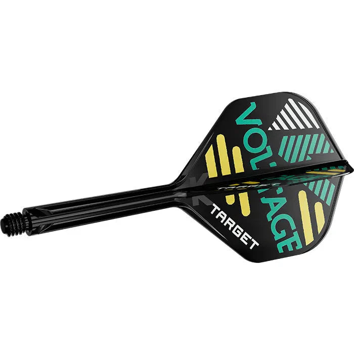 Full dart shaft and flight with VOLTAGE text, black design, and integrated K-Flex stem, isolated on white for dart equipment buyers