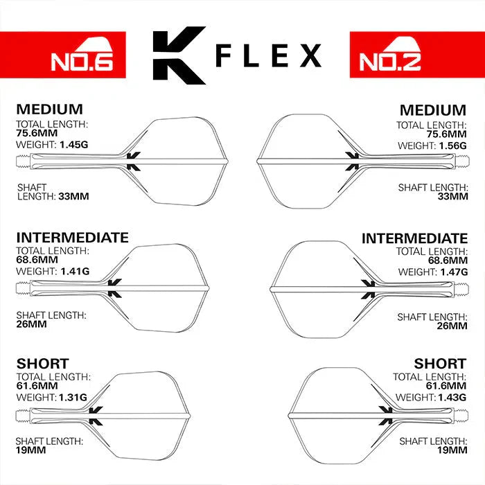 Top-down dart shaft and flight size chart comparing No.2 and No.6 K-Flex in medium, intermediate, and short lengths with detailed measurements.