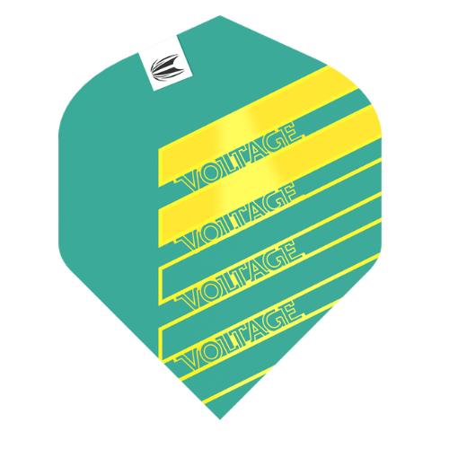 Single Rob Cross Voltage Pro Ultra No.2 dart flight in teal with yellow voltage stripes, isolated on white for dart accessories