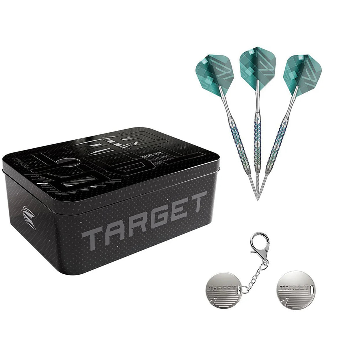 Tungsten darts set with teal flights, black storage tin, and keychain accessories on white background