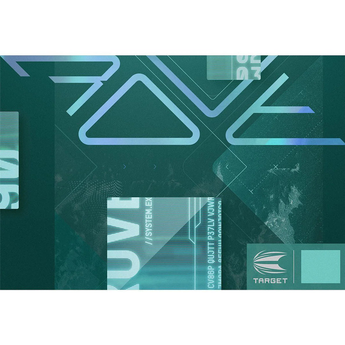 Modern dart set packaging artwork with digital interface graphics, abstract geometric design, and product range text details