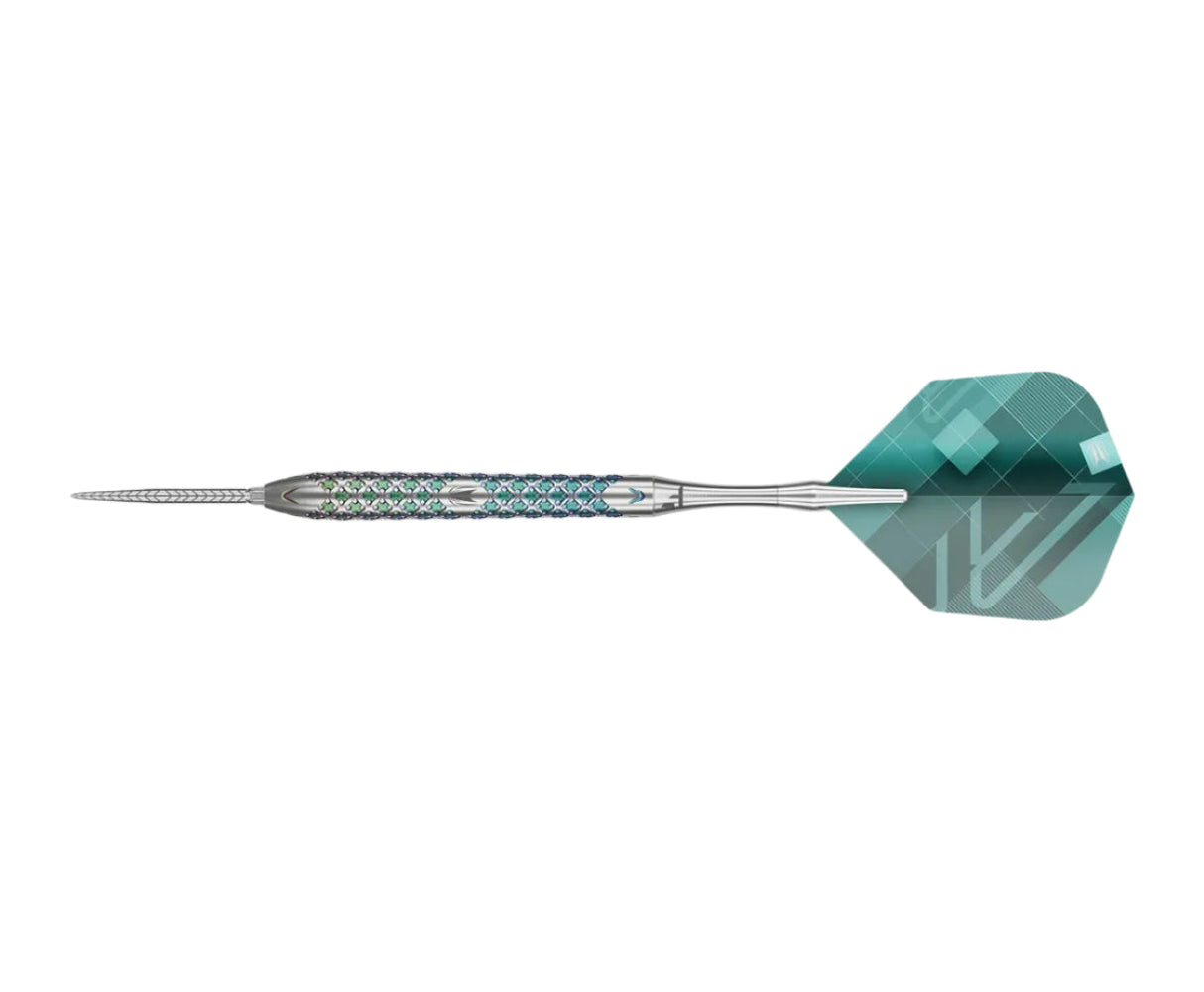 Full view tungsten dart on white background showing detailed barrel grip, precision point, and geometric patterned flight