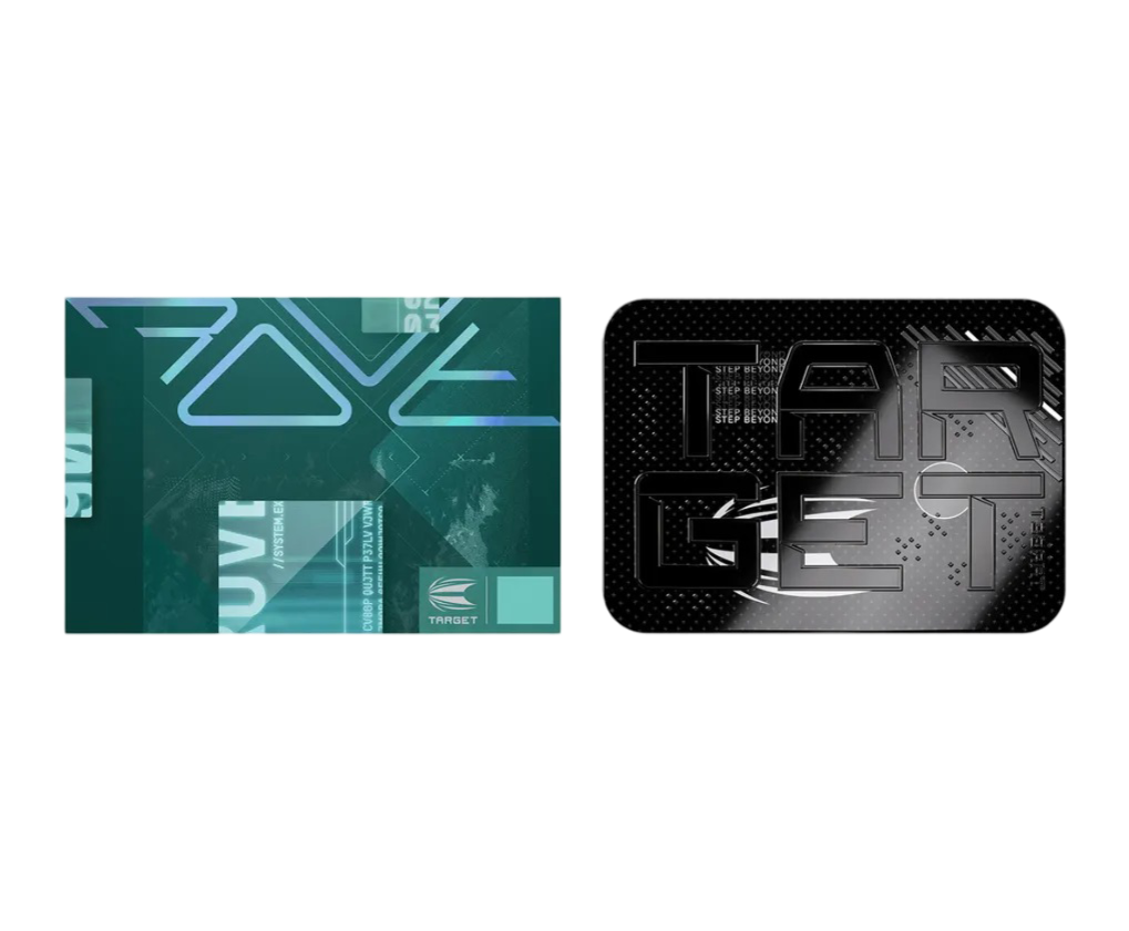Top-down display of Rove 03 darts packaging and black dart wallet, both isolated on white background, showing bold design details