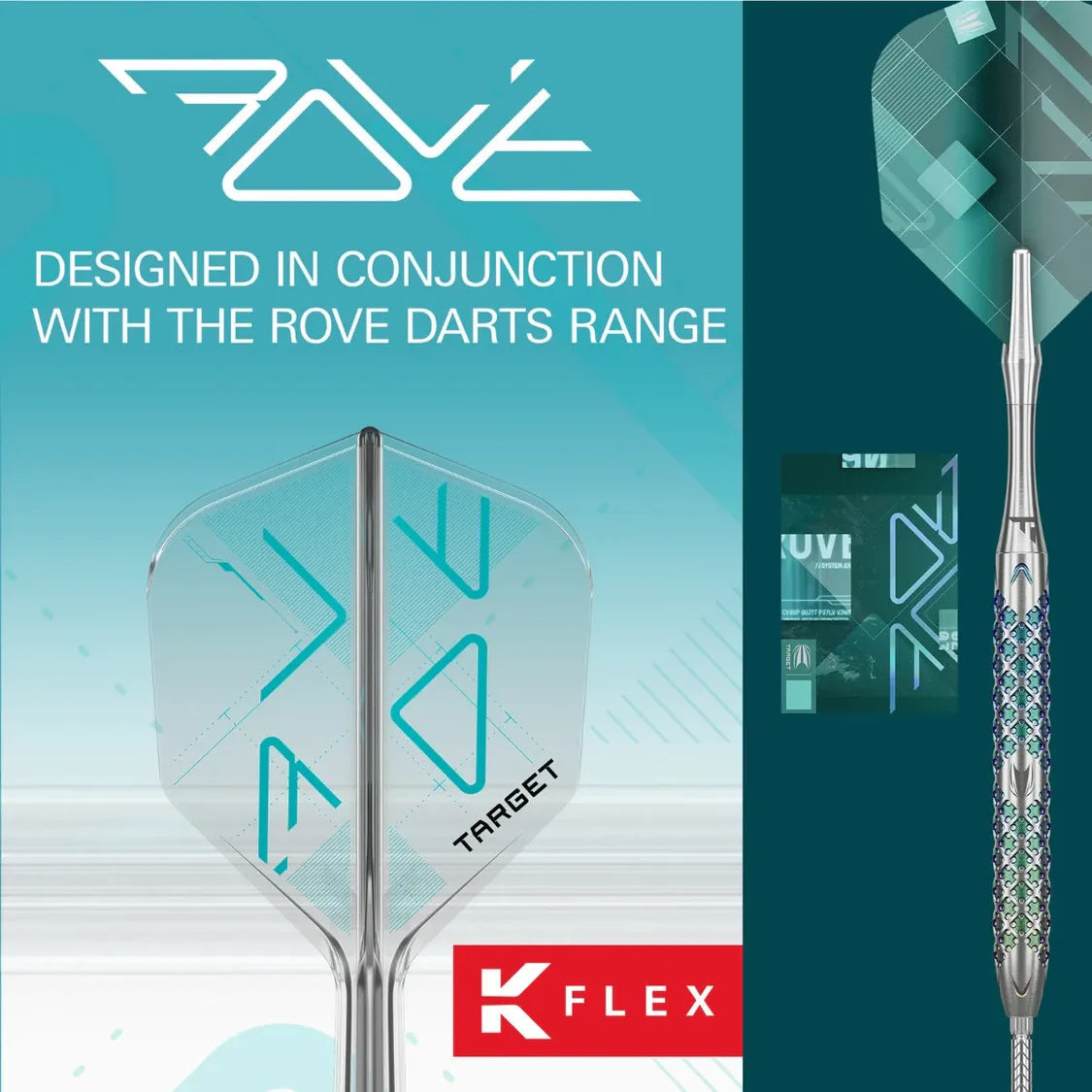 Close-up of Rove K-Flex No.6 dart flight and shaft, angled to show transparent flight design and intricate grip pattern for precision darts.