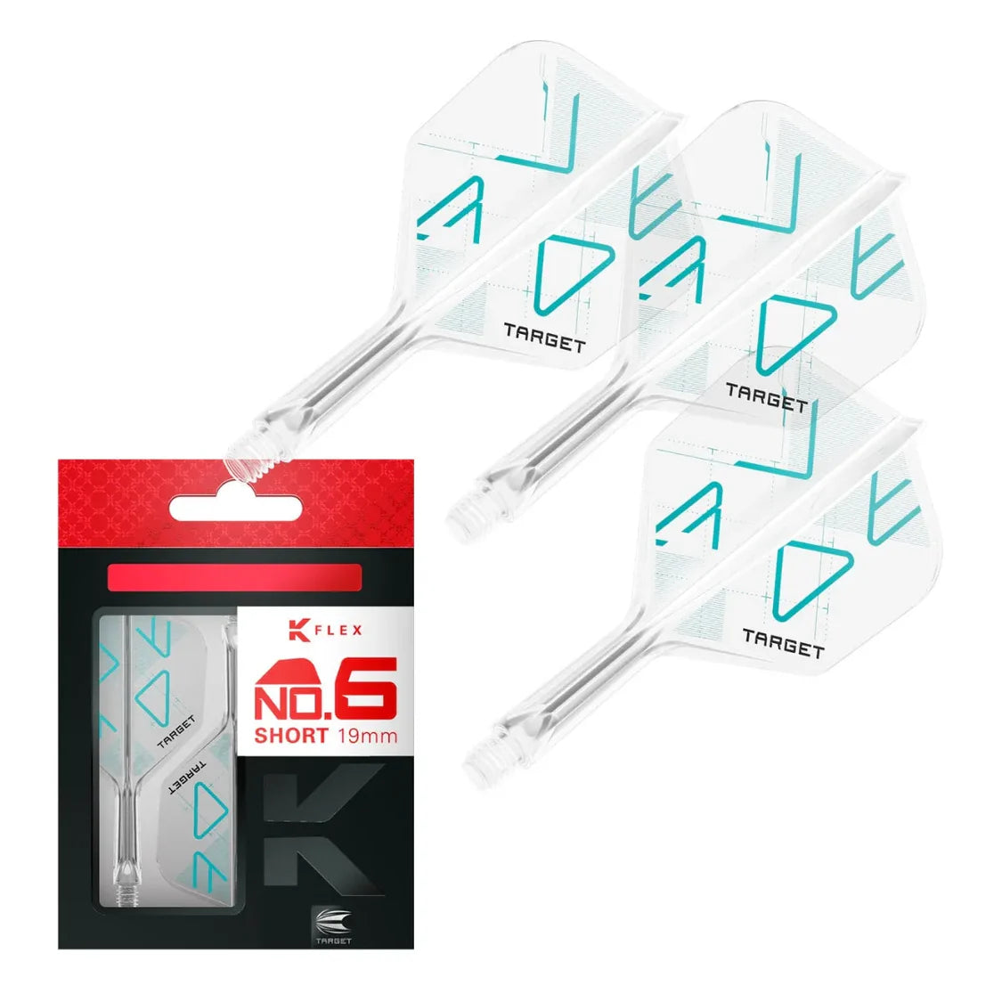 Three K-Flex No.6 integrated dart flights with shafts arranged diagonally, shown with retail packaging, clear flight design on white background