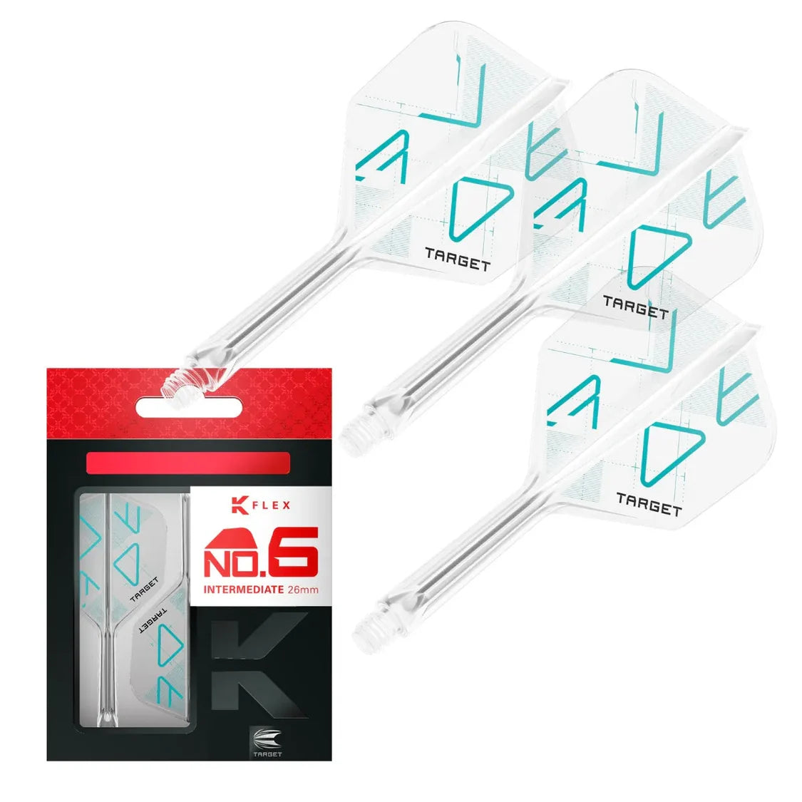 Clear integrated dart flights and shafts No.6 displayed with retail packaging, turquoise geometric design, dart accessories on white background