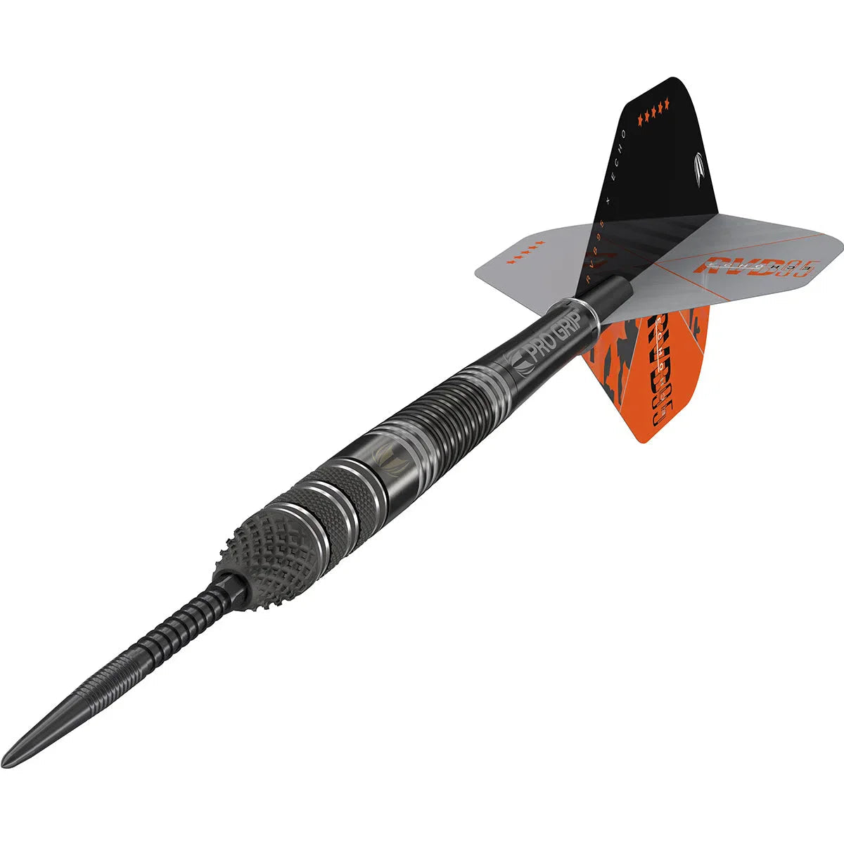 Angled dart view with black knurled grip, 95% tungsten barrel, and detailed RVB Echo flights on white background