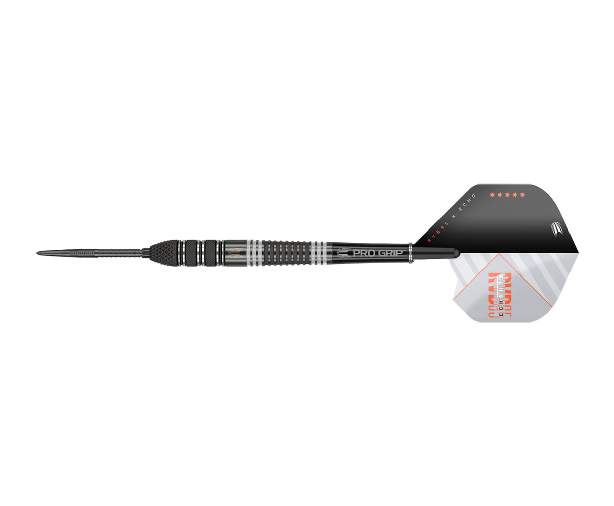 Full view tungsten dart on white background showcasing knurled grip barrel, black point, Pro Grip shaft, and RVB Echo signature flight