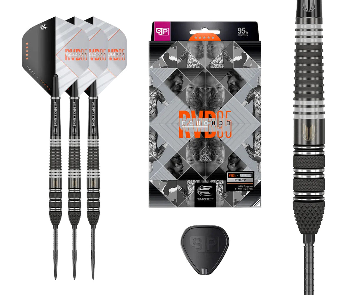 Three steel tip tungsten darts with textured grip, retail box, spare flight, and barrel close-up on white background