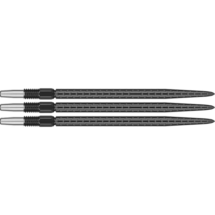 Three Swiss dart points aligned horizontally, featuring black laser-etched grip texture, isolated on white background