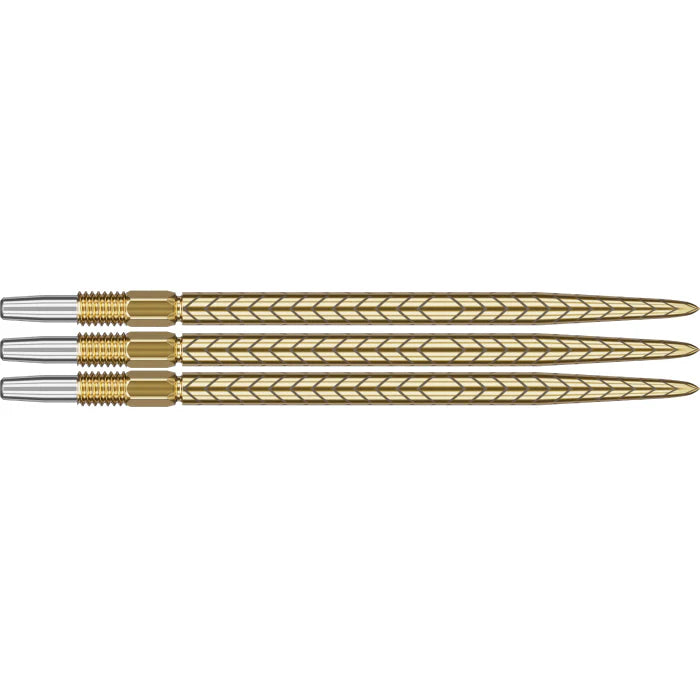 Three gold Swiss dart points side by side on white background, featuring detailed laser-etched grip pattern for maximum board hold.