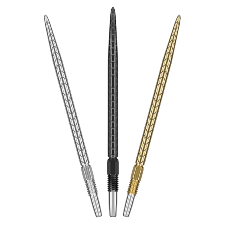 Three Swiss dart points with laser-etched grip in silver, black, and gold, full view on white background for dart accessories
