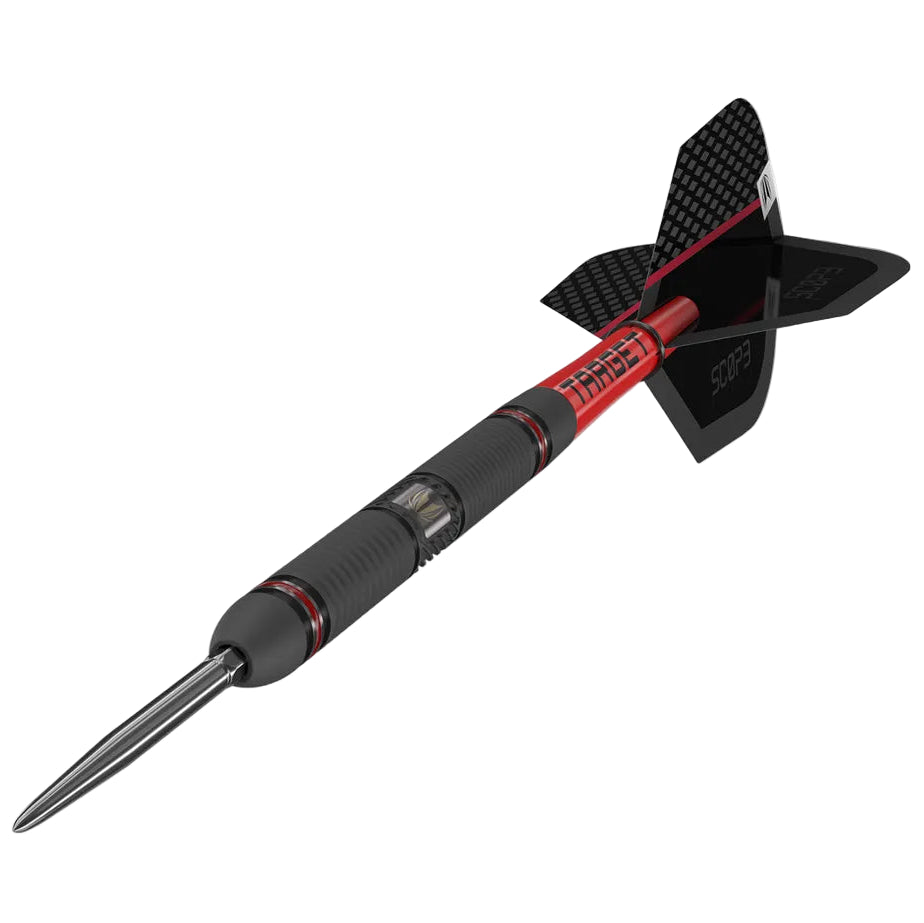 Angled view 90% tungsten dart isolated on white, showing precision barrel grip, sleek point, and black Scope 01 flight design