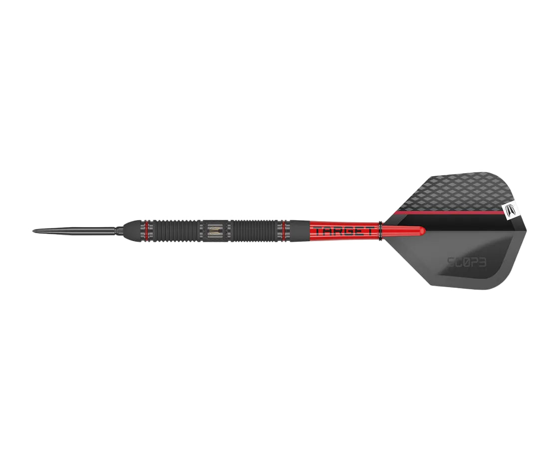 Full tungsten dart with textured barrel, red shaft, and black patterned flight shown horizontally on white background