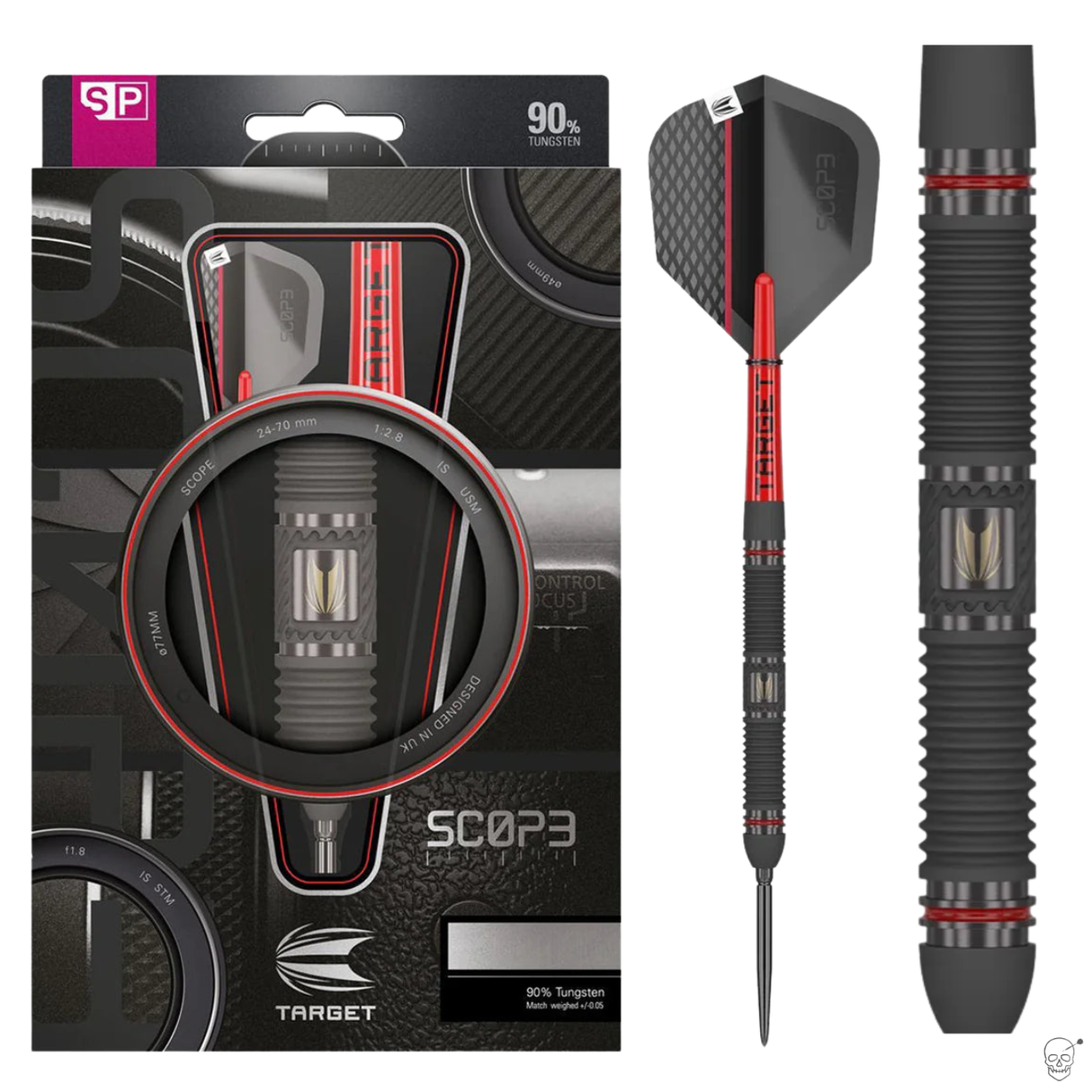 90 percent tungsten dart full view with packaging, featuring textured grip barrel, red accents, and close-up focus on barrel details