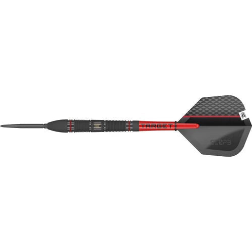 90% tungsten dart full view with textured grip barrel, red shaft, black carbon-look flight on white background