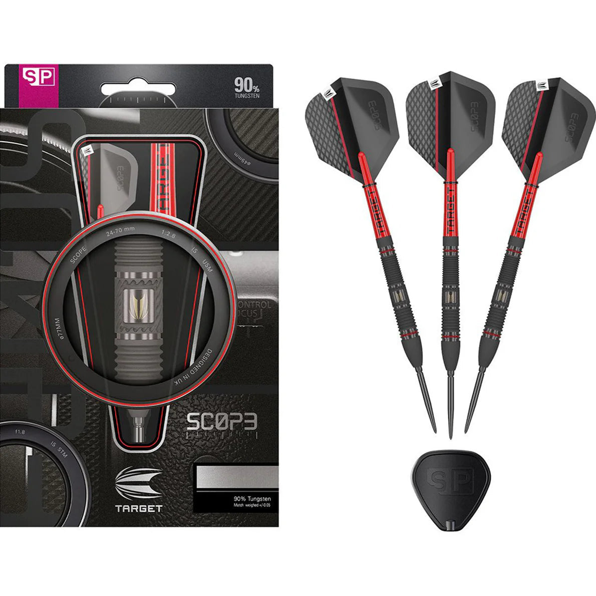 Three 90% tungsten darts with textured barrel and carbon-effect flights, shown arranged on white and in retail packaging with accessory case