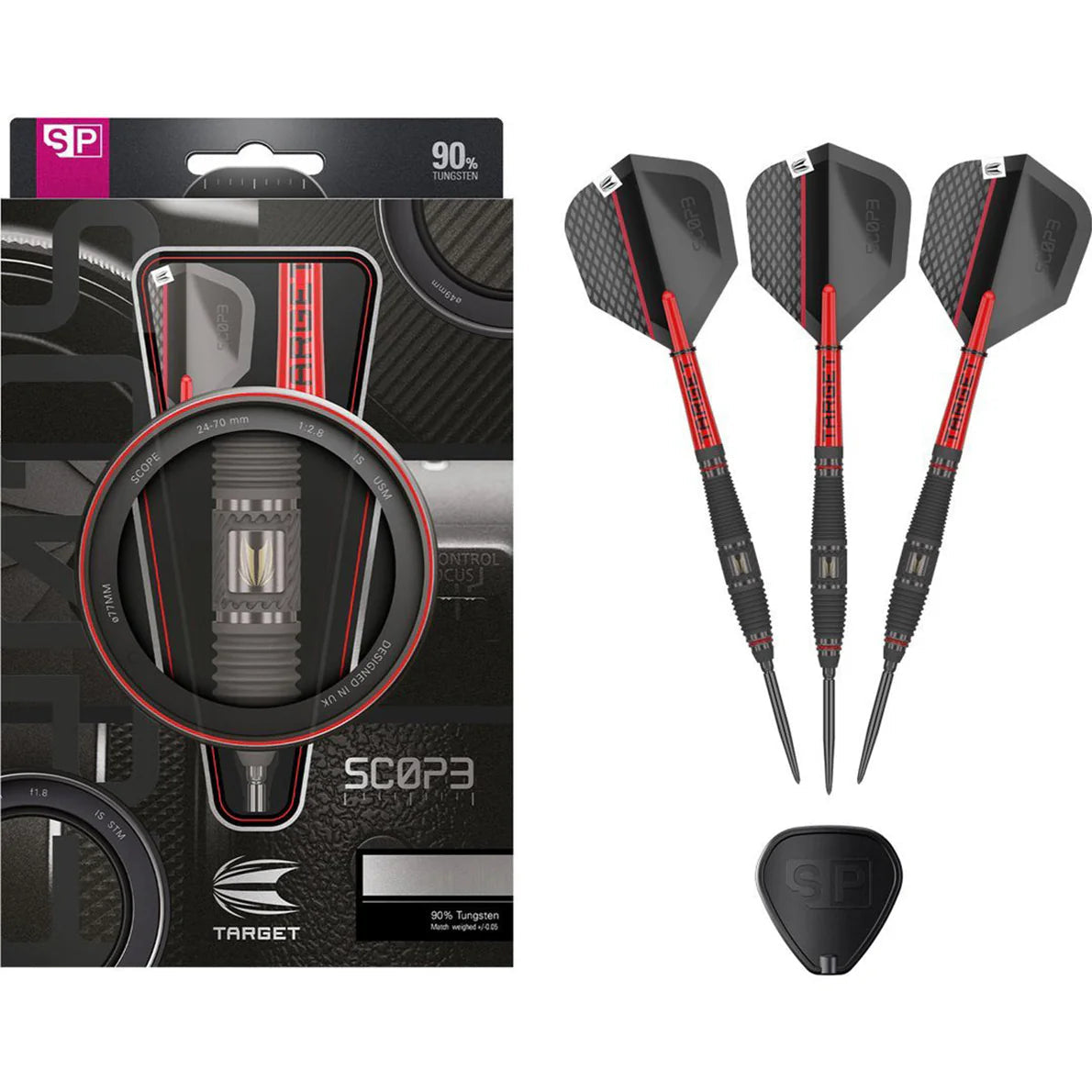 90% tungsten darts in retail packaging with three assembled darts and extra flight protector, full product view on white background