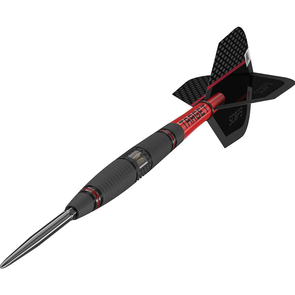 Angled full view of 90% tungsten dart with textured grip barrel, engraved detailing, black and red shaft, and carbon-style flights on white background
