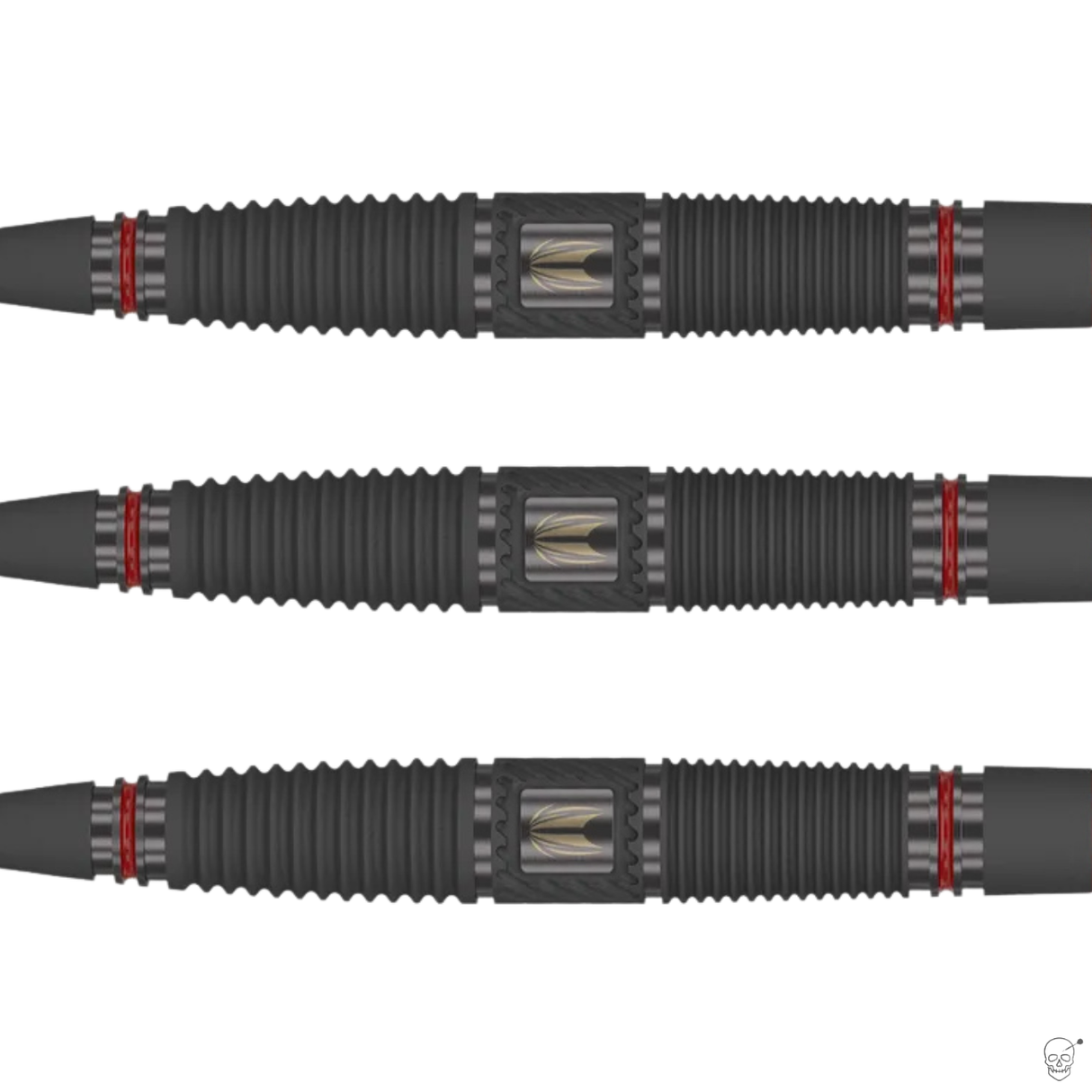 Three tungsten darts displayed side by side, highlighting detailed barrel grip texture and metallic central barrel feature on white background