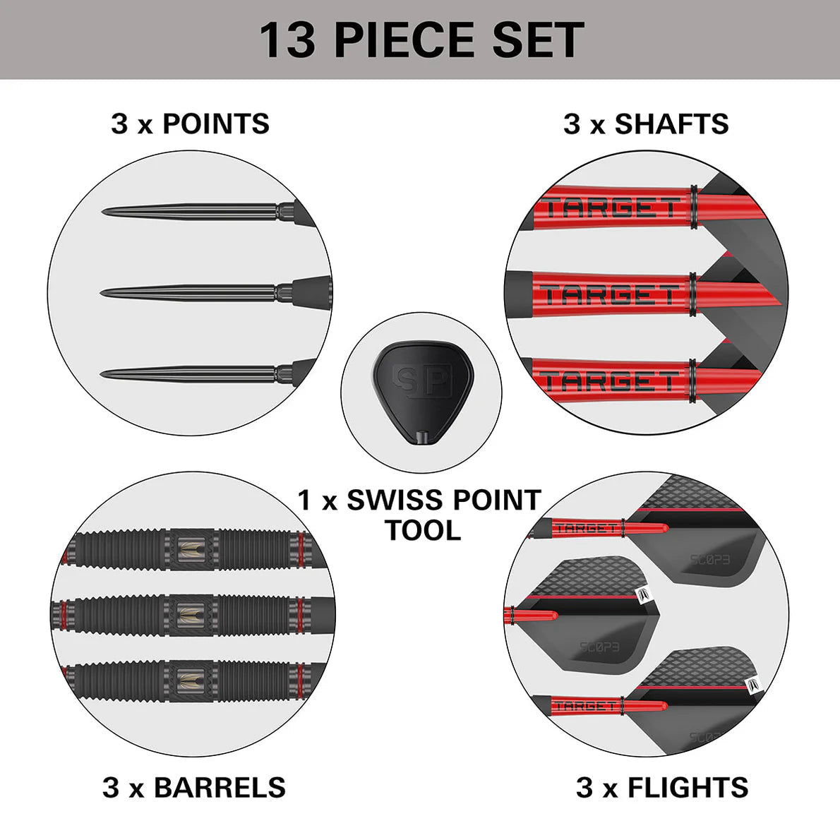 Top-down view showing dart set contents: 3 points, 3 barrels with grip texture, 3 shafts, 3 flights, and Swiss point tool