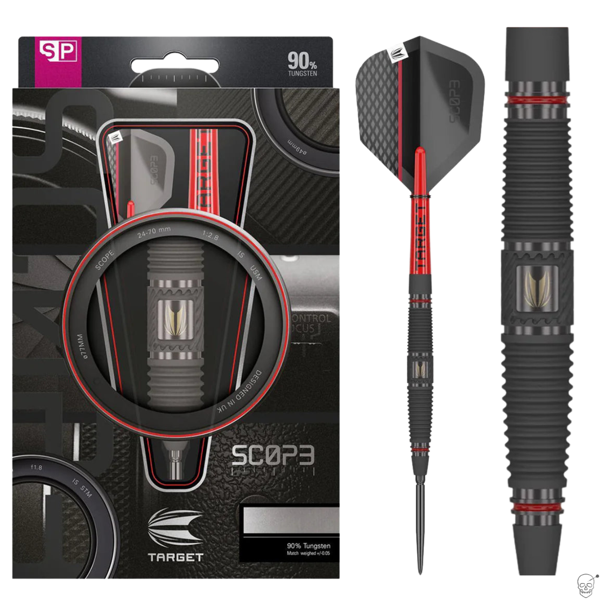 90% tungsten dart in retail packaging with close-up of intricate barrel grip, full assembled dart, and macro view of textured barrel rings