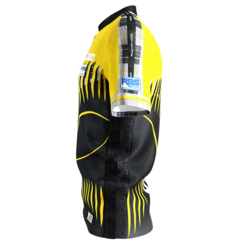 Side view darts shirt with black and yellow flame pattern, sponsor logos, detailed sleeve graphics, isolated on white background