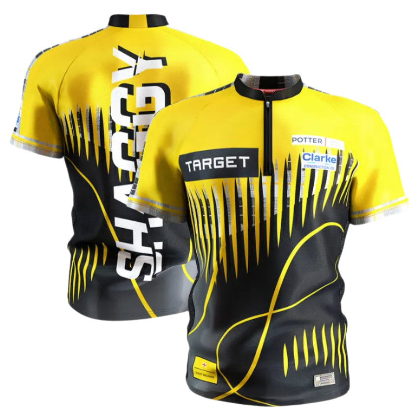 Front and back view of Scott Williams 2025 darts shirt, yellow and black with sponsor logos, isolated background for dart players