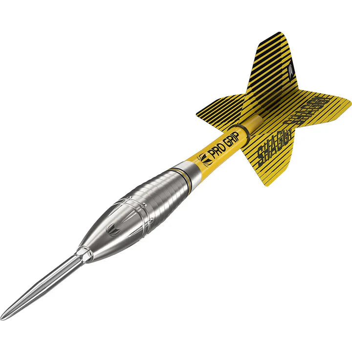 Angled close-up of Scott Williams G1 90% tungsten dart with precision barrel grip, sharp steel tip, yellow Pro Grip shaft and Shaggy flight