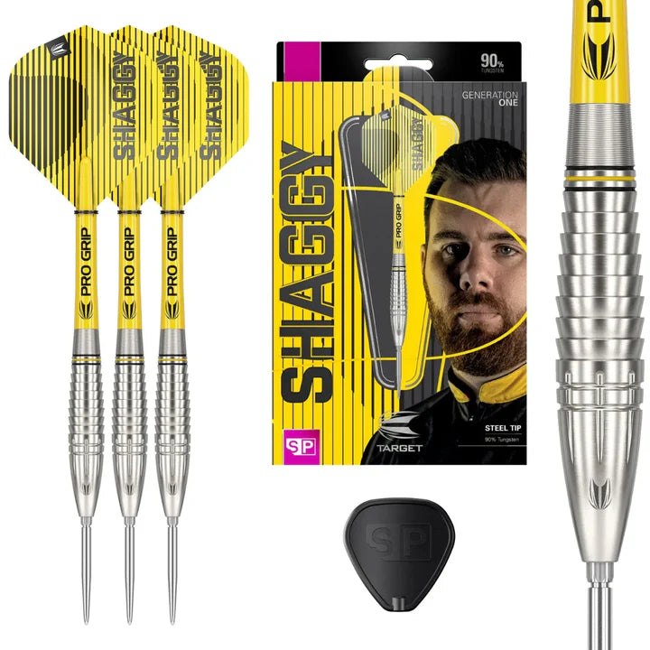Steel tip tungsten darts set with yellow flights, pro grip shafts, close-up barrel grooves, accessories, and retail packaging