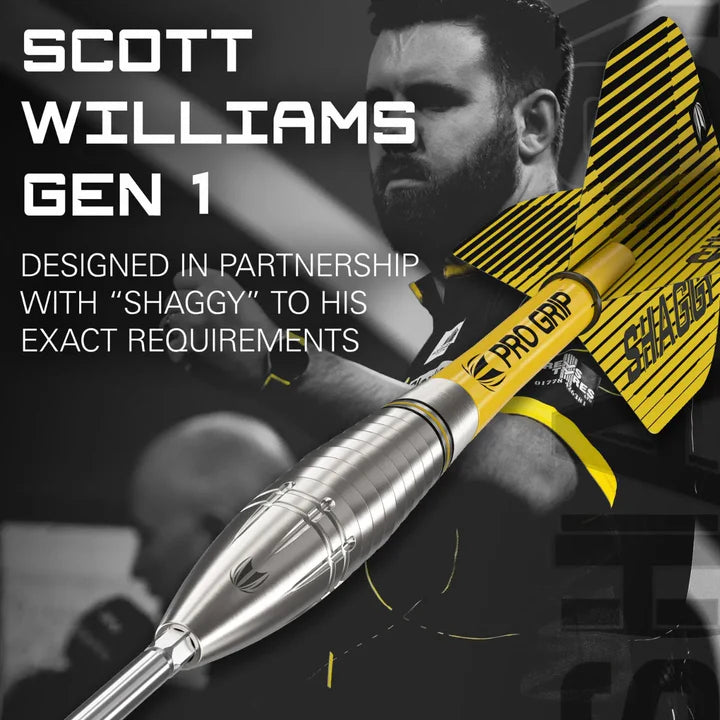 Close-up angled view of 90% tungsten dart with detailed barrel grip, yellow Pro Grip shaft, and signature Shaggy flight, isolated on promo background